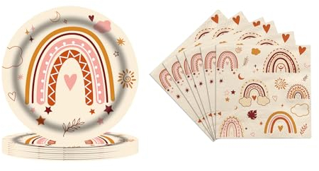 AIBAOBAO 32 Pezzi Stoviglie Boho Rainbow per Feste, Piatti e Tovaglioli per Festa di Compleanno a Tema Arcobaleno, 16 pezzi di Piatti e 16 Tovaglioli per Festa del Bebè (16 Ospiti)