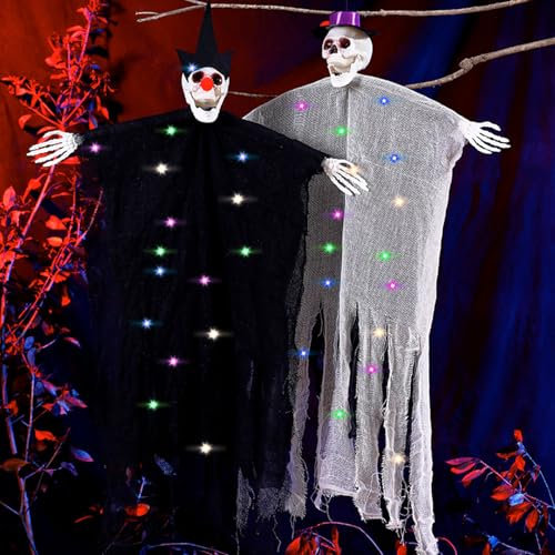 2 Stück Halloween Deko Hängende Geister,80cm Spooky Scary Skeletons LED,Hängende Skelett schädel Gruselig, Hängender Sensenmann Deko Geisterhexe,für Halloween Deko Innen Outdoor Garten Party