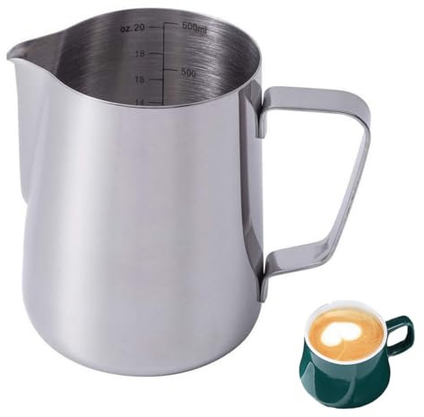Jarra Leche, 350ml/600ml Jarra de Lechera Acero Inoxidable con Marca de Medición, Jarra para Espuma de Leche, Espumadora Leche para Espresso, Capuchino, Latte Arte (600ml)