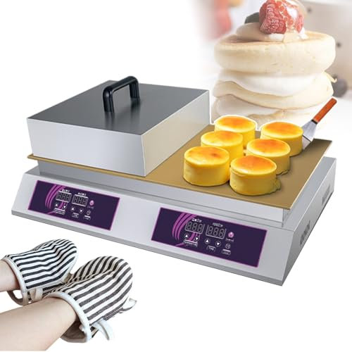 forplubossmmp 2600W Electric Souffle Machine Non-stick Pancake Maker, Commercial Muffins Making Machine with Lid, Shovel, Gloves, 60-240°C Heating Platen Grill for Home Use (Double-head)