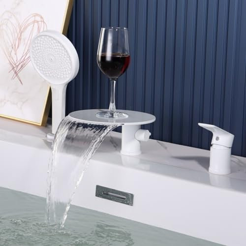 3 Loch Wannenrandarmatur Weiß Wasserhahn Wasserfall mit Brause Duscharmatur Einhebelmischer-B