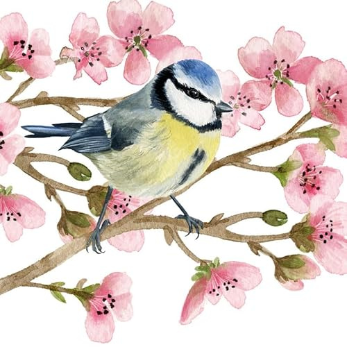 20 Servietten Tiermotive Blaumeisen in Frühlingszweige als Tischdeko. Papierservietten mit Motiv. Auch für Decoupage und Serviettentechnik 33x33cm
