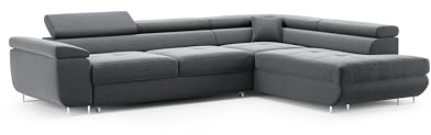 Sofello Eckcouch Octavio Ecksofa Couch mit Schlaffunktion Liegefläche: 195 x 123 cm Bettkasten Samt Verstellbare Kopfteil HELLGRAU hydrophobes Gewebe (Monolith 97 - dunkelgrau)