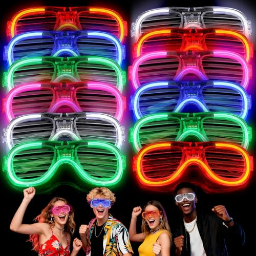 SCIONE 12er-Pack Partybrillen, Aufleuchtende Accessoires in Mehreren Farben & 3 Lichtmodi, Glow-in-the-Dark Partyzubehör, Leuchtstäbe für Geburtstag, Weihnachten, Halloween und Neon-Party Deko