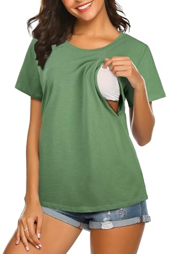 Aolso T-Shirt d'allaitement Femme, Tops Blouse Allaitement, Hauts d'allaitement à Manches Courtes pour Femme, col Rond et t-Shirts de maternité pour Femmes Enceintes, Vert XL