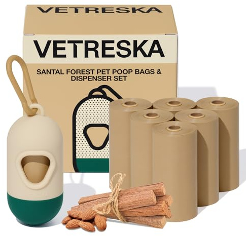 VETRESKA Dog Poop Bag with Dispenser, Leak Proof and Extra Thick Pet Waste Bags for Dog Walking and Cat Litter, Sandalwood & Almond Scented, 105 Count