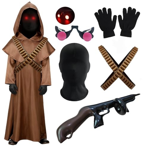 Celvibe Costume d'Halloween pour enfant - Tenue de cosplay avec capuche, ceinture, gants, tenue jawa pour Halloween, carnaval, vêtements habillés (marron, 120)