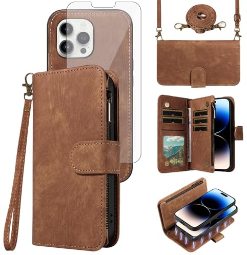 Phone Case for iPhone 14 Pro 6.1 inch Zipper Wallet Detachable Cell Cover with Screen Protector Crossbody Lanyard Strap Flip Card Holder iPhone14Pro 5G i i-Phone i14 iPhone14 4 14Pro Women Girls Brown