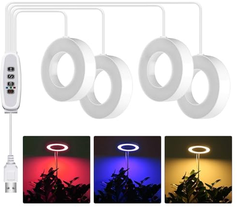 4 lampade a LED, per piante d'appartamento, lampada a LED, spettro completo, 3 modalità di luce, 48 LED, per piante con timer per auto, per piante da interno (bianco)