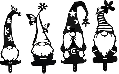 Abaodam 4 Pieces Black Acrylic Garden Gnome Stakes Set, Yard Inserting Decorations for Outdoor Lawn, Backyard Ground Ornament Iron Art No-face Dwarf Design
