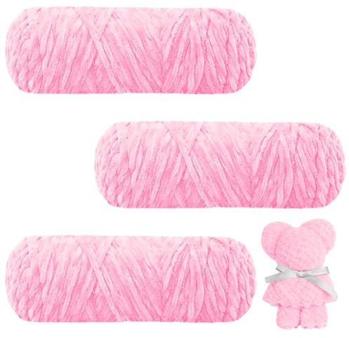 AUAUY Sammetslen Babyull, Sammetsull 300g (3 x 100g), Sammets-chenillegarn, Gosigt Mjukt Chenillegarn, Fluffigt Mjukt Plyschgarn, Virkgarn, ull för Stickning och Virkning, Kläder, Filtar - Rosa