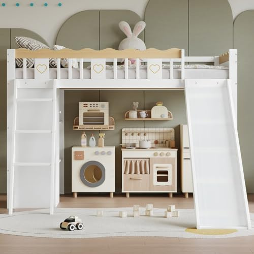 KOMHTOM Lit Mezzanine Simple 90x200cm avec Armoire, Toboggan, étagères et Sommier à Lattes en Bois - Cadre de Pin Moderne pour Adolescents