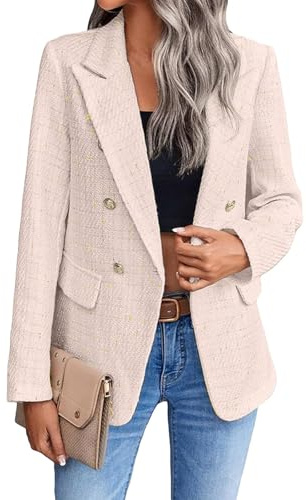 Women's Tweed Blazer Elegant Lapel Collar Notched Lapel Long Sleeve Slim Fit Suit Jacket Business Casual Autumn Cardigan Office Wear for Work Wedding and Daily, Pink, S