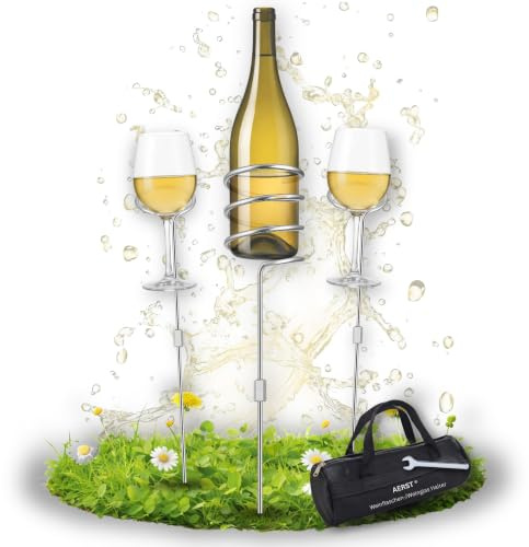 AERST Weinflaschenhalter & Weinglashalter - Edelstahl Outdoor Gadget, 2+1 | Outdoor Getränkehalter aus Edelstahl. Höhenverstellbar, rostfrei, inkl. Tasche & Werkzeug für Garten und Camping.