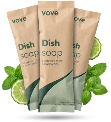 Vove Washing Up Liquid Refills 3-Pack, Bergamot Mint & Basil, Powder-to-Gel | Washing up liquid, plant-based concentrated formula, grease cutting, essential oil, plastic-free compostable pack