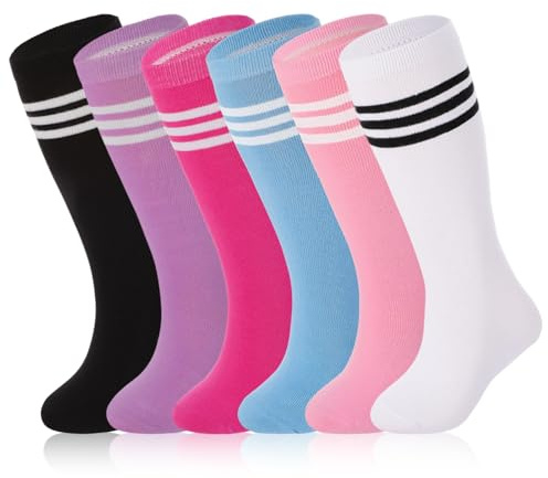 Zuimei 6 Pairs Kids Football Socks Girls Junior Football Socks Sports Striped Socks Knee High Socks for Kids Girls Boy Running Training Rugby Hockey Soccer,6-9Y