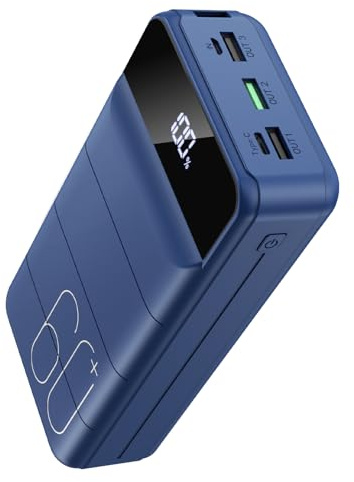 PDBEST Batterie Externe 60000mAh 22,5 W USB-C Portable Charge Rapide | Lampe Torche Intégrée, 4 Sorties, 2 Entrées, Écran LED, Essentiels de Voyage, Grande Capacité pour iPhone et Android Bleu