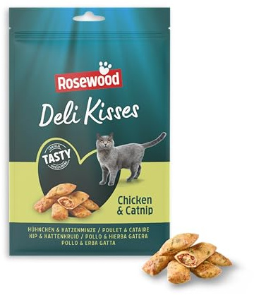 Rosewood Deli Kisses Huhn & Käse - Knuspriger Katzensnack mit leckerer Hühnerfleischfüllung, ummantelt mit Käse und Katzenminze, ohne Salz oder Zucker, ohne künstliche Zusatzstoffe, 60 g