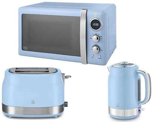 Swan Retro Revive Blue 1.7L 3KW Jug Kettle, 2 Slice Toaster & Retro 800W 20L Microwave. Matching Vintage Design Kitchen Set in Blue with Chrome Accents