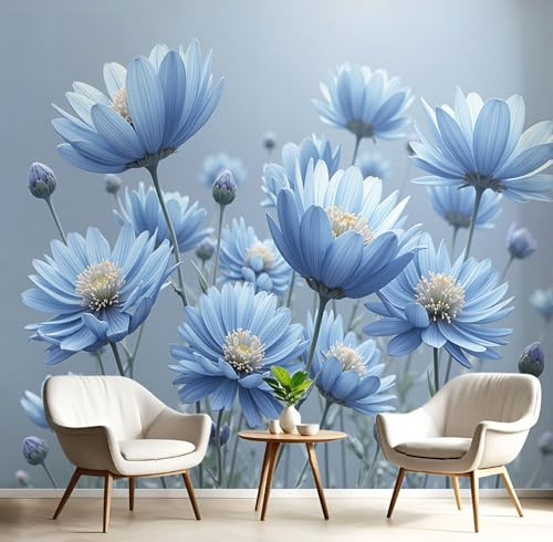 MIATCENRT Papier Peint Panoramique Rêveur Fleurs 350x256cm (L×H) - Décoration Murale Moderne – Décor pour Chambre Salon, Murale Motifs Herbe Coquelicots Bleu, Décoration de Luxe