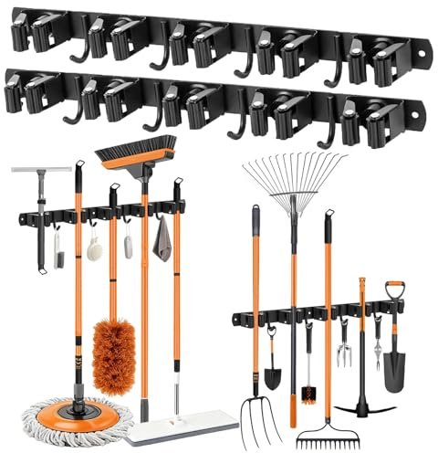 2 Stück Besenhalterung Wand, Wandmontierter Besenhalter, 10 Halter und 8 Haken Edelstahl Gerätehalter, Selbstklebend Gartengerätehalter und Besenhalter für Küche, Badezimmer, Garage, Garten, Schwarz