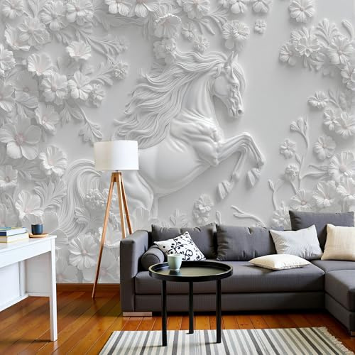 Papel Pintado Caballo Flores Relieve Salón Dormitorio Fotomurales Pared Animal Elegante Decorativos 3D Murales Fotográfico Papel Tapiz Moderno Blanco Decoración De Paredes, 250X175Cm