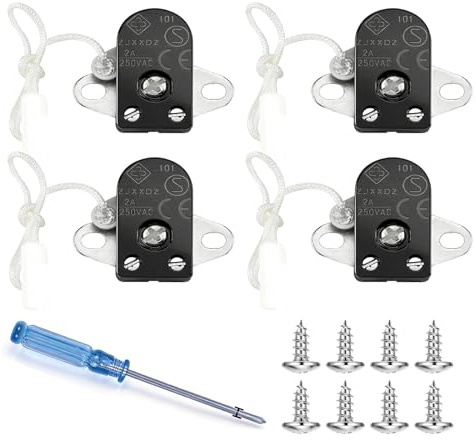 4x Zugschalter mit Schnur 230V, 2 Poliger Schnurschalter für Lampe - Inkl. Schraubendreher zum Einbau als Lichtschalter für Wandleuchte & Deckenlampe
