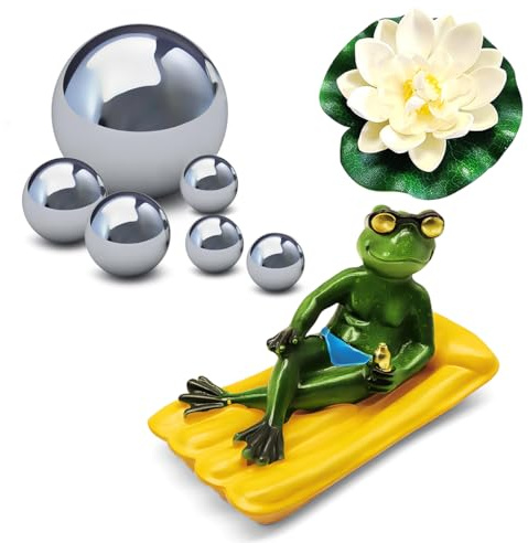 MQIAN Miniteich Deko Set,Frosch Deko Teich,Teich Deko Schwimmend, Mit 6 schwimmkugeln Silber,4 Schwimmend Lotusblätter,1 Teichfigur Frosch Ideal für Gartenteich,Springbrunnen oder Wasserschalen
