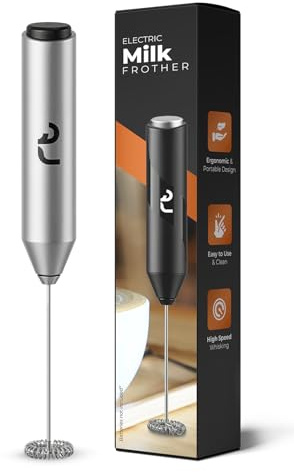 Roe Tenpo Espumador de leche de mano con batidor de acero inoxidable, ergonómico, compacto, fácil de limpiar, portátil, funciona con pilas, para capuchino, frappé, matcha, chocolate caliente (plateado