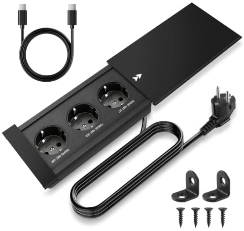 Enchufe retráctil empotrable con Tapa regleta integrada de 3 Compartimentos