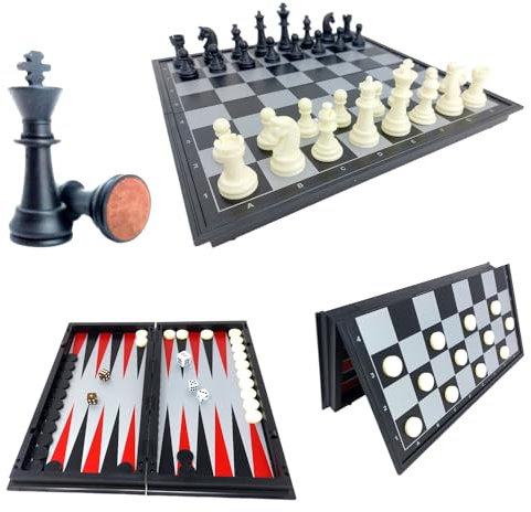ChessEbook 3 i 1 magnetiskt schackspel + dam + Backgammon 32 x 32 cm – fällbart schackbräde – reseschackspel – schackbräde i set vikbart – brädspelsset