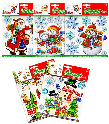 Helmecke & Hoffmann * 5er-Set große Weihnachts-Aufkleber | Fensterbilder Wand-Sticker | mit Reliefstruktur | viele Weihnachtsmotive: Schneemänner, Weihnachtsmann, Nikolaus, Schneeflocken