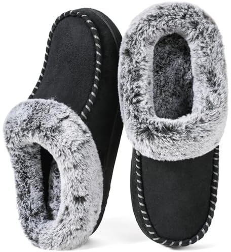 ULTRAIDEAS Women's Memory Foam House Slippers with Hard Bottom, Fur Lined House Shoes with Non-Slip Rubber Sole for Indoor & Outdoor(Black,9-10)