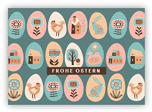 Im 16er Set privat & business: Nette Retro Osterkarte mit bunten folklore Ostereiern: frohe Ostern • Klappkarten im Set mit Umschlägen als Oster Grußkarten, Gutschein, Geschenk-karten