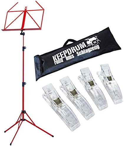 K&M 100/5 Notenpult Notenständer Rot + keepdrum Tasche + 4 Notenklammern