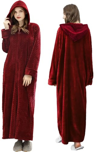 Oksun Bademantel Morgenmantel für Damen Weich Flauschig Kuschelfleece Lang Saunamantel mit Reißverschluss. Kapuzen - Dunkelrot, Größe XL