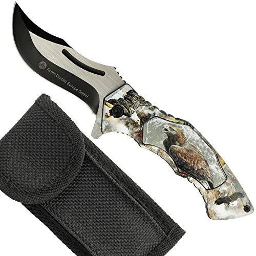 Clauss Klappmesser mit Tiermotiv Adler | Einhand Taschenmesser in Holzoptik mit Finger-Flipper, Gürtelclip & Gürteltasche | extrem scharfe & robuste Klinge | Clauss 10004