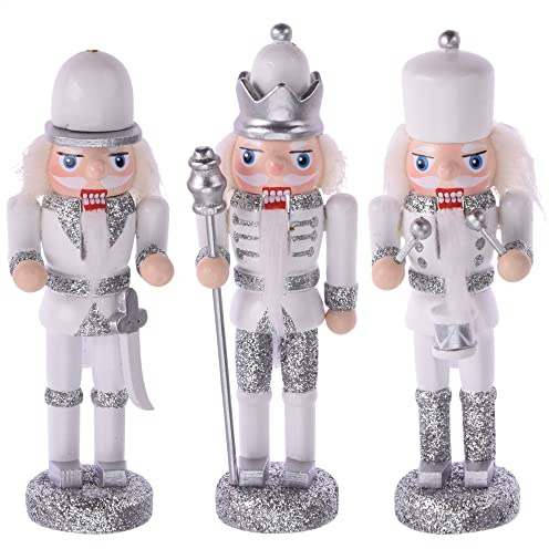 com-four® 3X Casse-Noix à accrocher - Décorations d'arbre de Noël en Forme de Casse-Noix Traditionnel - Décorations de Noël (Argent/Blanc)