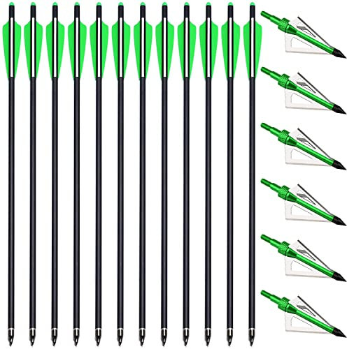 PMSM 12 Stück 20 Zoll Armbrustbolzen Carbon Armbrustpfeile und 6 Stück Armbrust Jagdspitzen kit,Armbrust Jagdpfeil mit 4 Flügel und ersetzte Pfeilspitzen (20 Zoll Grün und Grün)