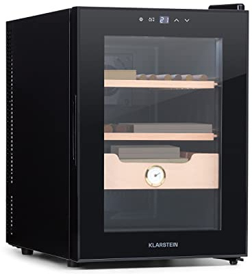 Klarstein El Presidente Cigarrhumidor - Termoelektriskt humidorskåp med glasdörr, Humidorbefuktare med lådor i cederträ, Hygrometer, LED-innerbelysning, 37 liter, svart
