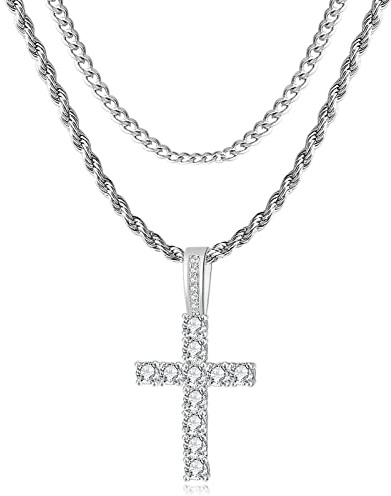 GEMOSA Catena a croce da uomo placcata in oro 14 carati massiccio ghiacciato 5A+ con zirconia cubica in acciaio inossidabile cubano catena a strati catene a strati 40-61 cm grande ciondolo a croce con