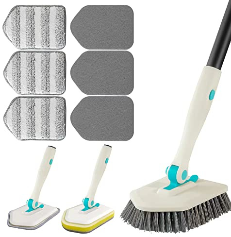 3 in 1 Scrub Cleaning Brush with Long Handle 51'' - Shower Bathtub Tub & Tile Scrubber Brush Include 1 Stiff Brush Head & 3 Scouring Pads & 3 Microfiber Clothes, for Wall Bathroom Glass Bathtub(White)