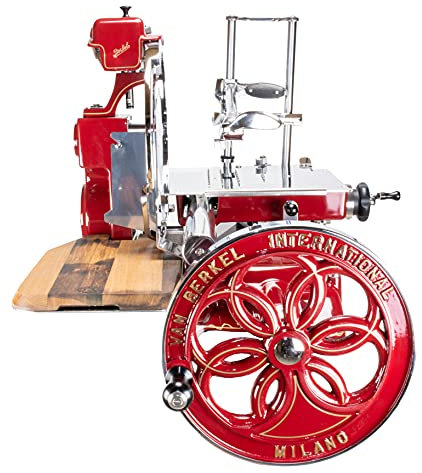 Berkel Aufschnittmaschine – Volano B114 rot – Wunderschöne Schwungradmaschine + 100% handgefertigtem Schneidebrett Unikat