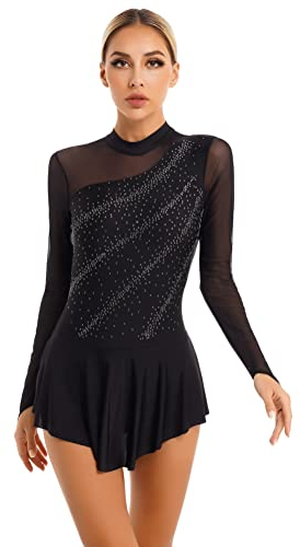 Alvivi Eiskunstlauf Kleid Damen Glitzer Tanzkleid Rollschuhkleid Langarm Ballettanzug mit Strass Eislaufen Ballerina Latein Tanzkleid Schwarz M