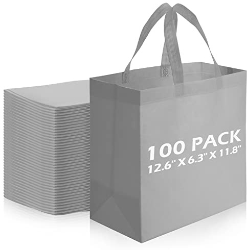 Reginary 100 PCS Reusable Totes Bags - Non Woven Grocery Handle Bags for Shop Events & Retail Store(Gray)
