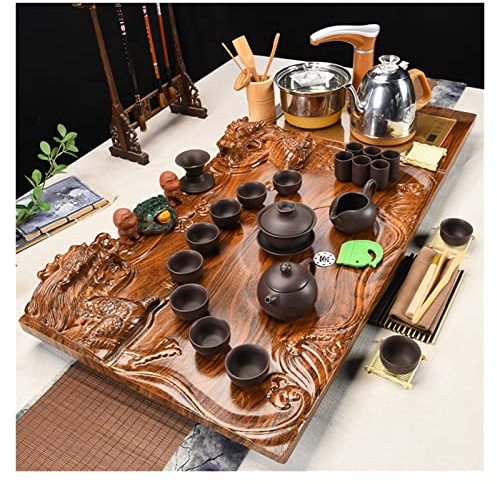 WIGSELBL Set da tè gongfu in ceramica cinese, semplice tazza da tè in ceramica, tazza elettrica, cerimonia del tè, vassoio da tè in legno massello, regalo per adulti uomini donne cerimonia del tè