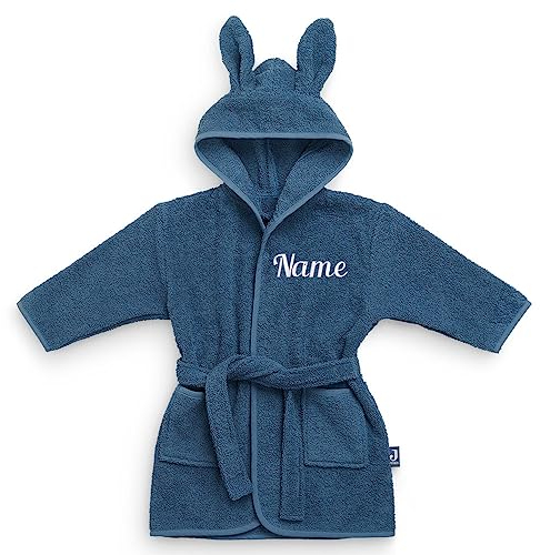 Elefantasie Personalisierter Bademantel mit Name bestickt für Kinder und Kleinkinder aus Frottee Baumwolle Blau 1-2 Jahre