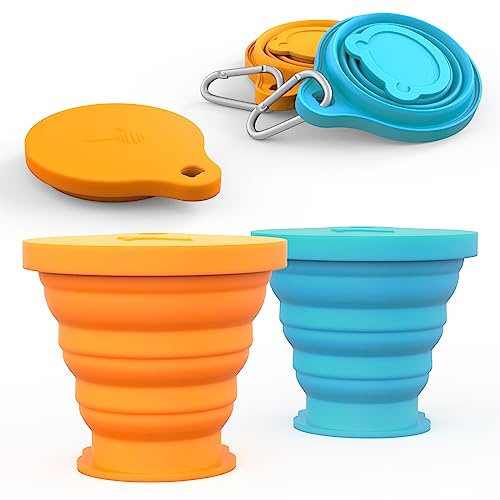 LYY Tasse pliable, tasses en silicone pliables avec couvercle et mousqueton Ensemble de tasse portable réutilisable pour pique-, camping, voyage de randonnée en plein air (180ml, 2Pcs)