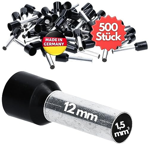 Kalitec 500x Trådändhylsor 1,5 mm² - Isolerade Ändhylsor 12 mm, Svarta | AWG 16 kabelhylsor av förtennad koppar, UL-certifierad ledarhylsa för elinstallation och proffs, tillverkad i Tyskland