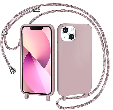 AOMYKE Cover per iPhone 13 Mini con Cordino, Custodia con Laccio Collana Tracolla Collo Liquido Silicone Antiurto TPU Antiurto AntiGraffio Case - Rosa